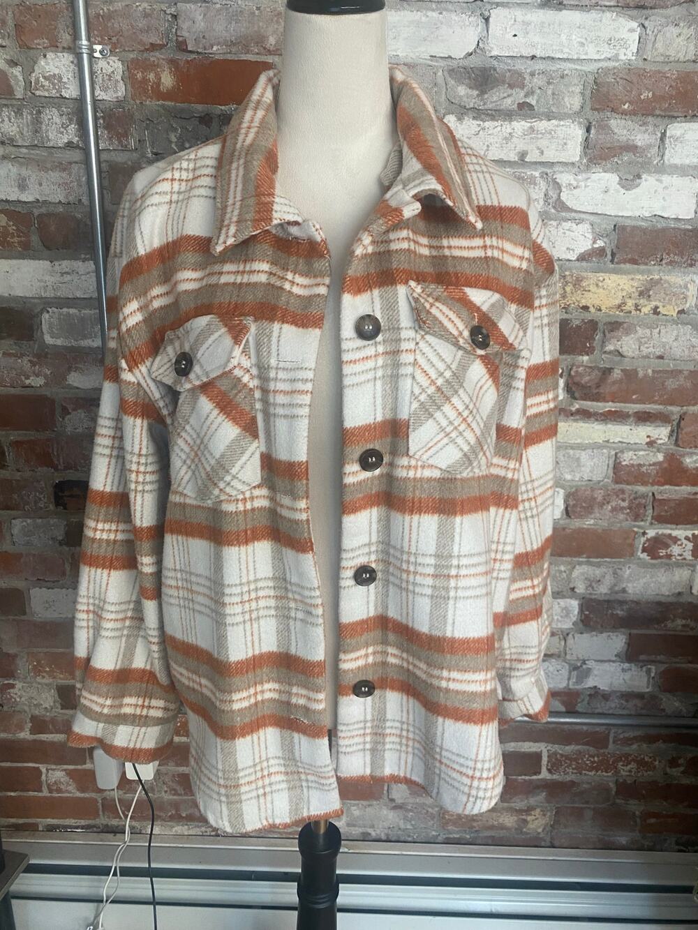 Love Tree White Orange and Beige Plaid Flannel Shacket Size M